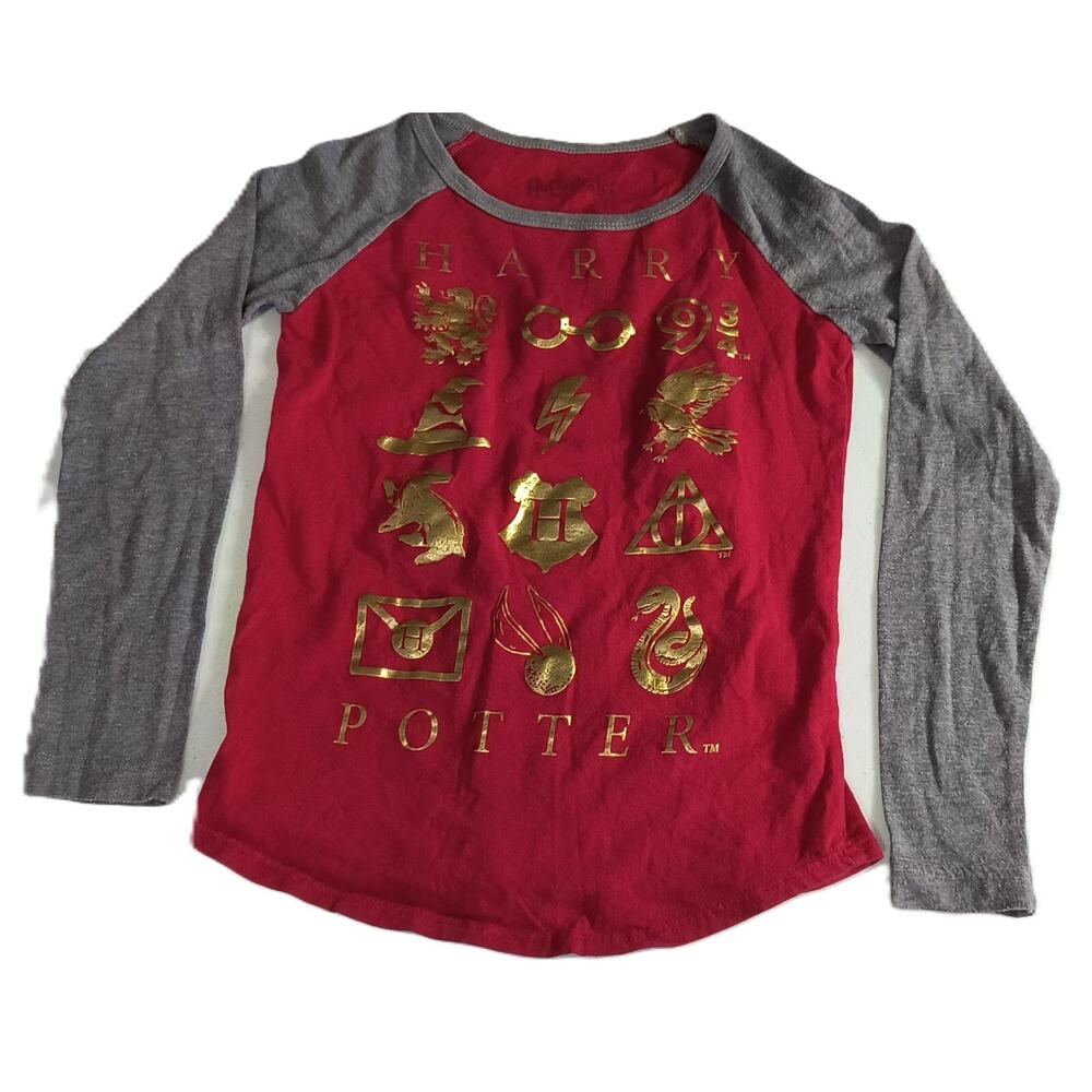 Harry Potter Girls Graphic Logos Pullover Shirt Gray Sleeve Red Causal Sz S G001